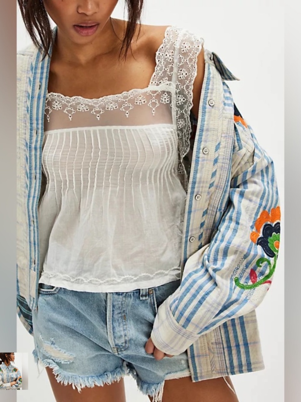 Free People Embroidered Sashiko Shirt. Sz L - Picture 4 of 4